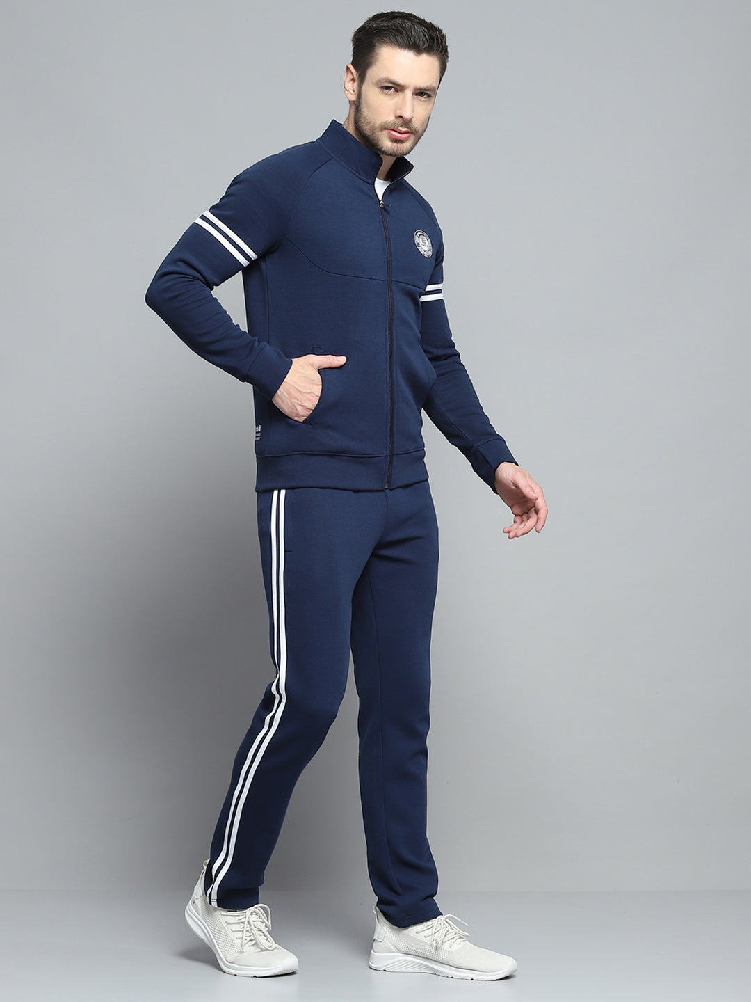 Rock.it Men Navy Blue Printed Mock Neck Full Sleeve Winter Tracksuit
