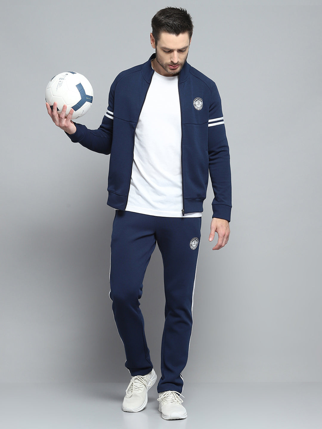 Rock.it Men Navy Blue Printed Mock Neck Full Sleeve Winter Tracksuit