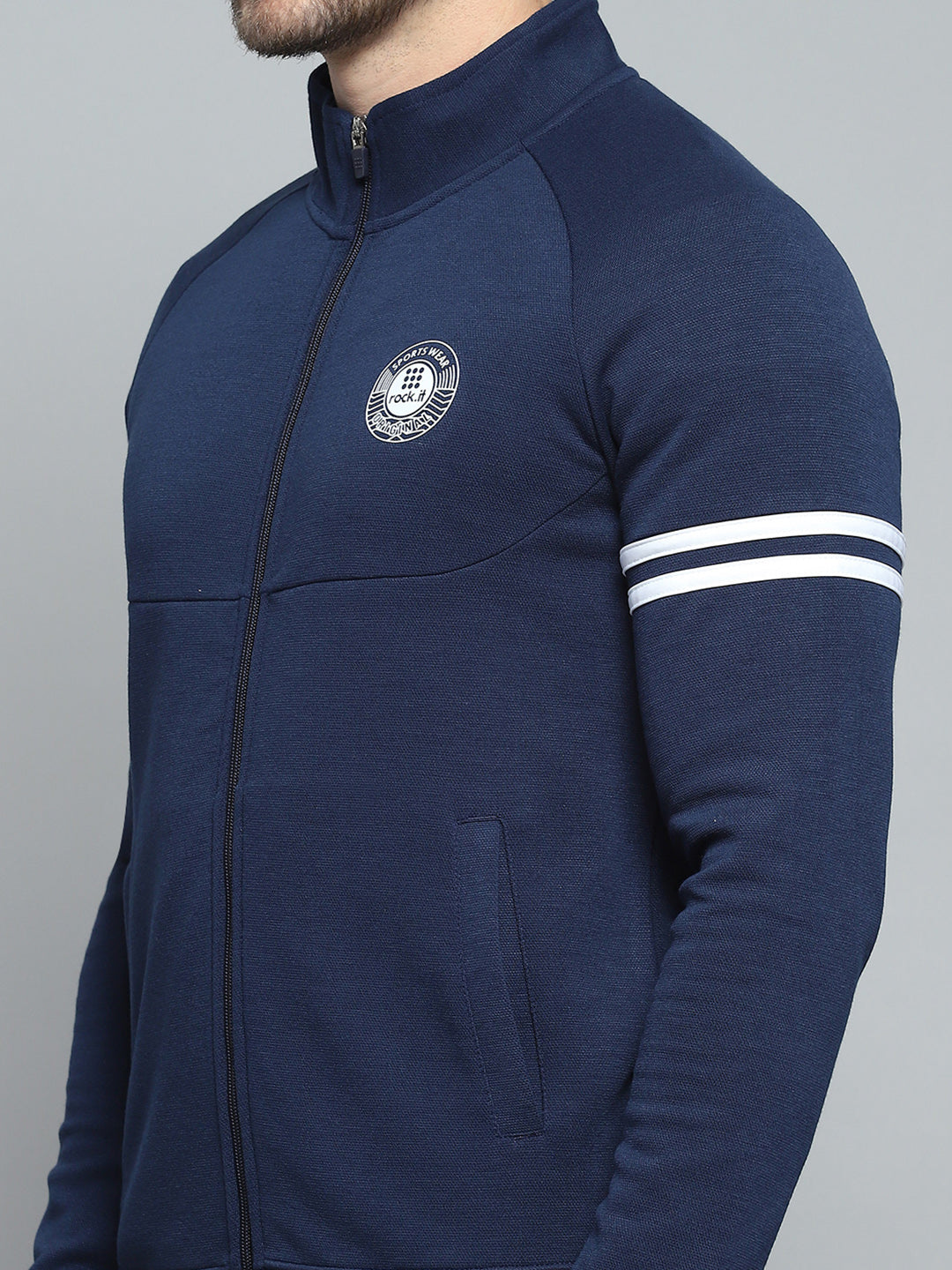 Rock.it Men Navy Blue Printed Mock Neck Full Sleeve Winter Tracksuit