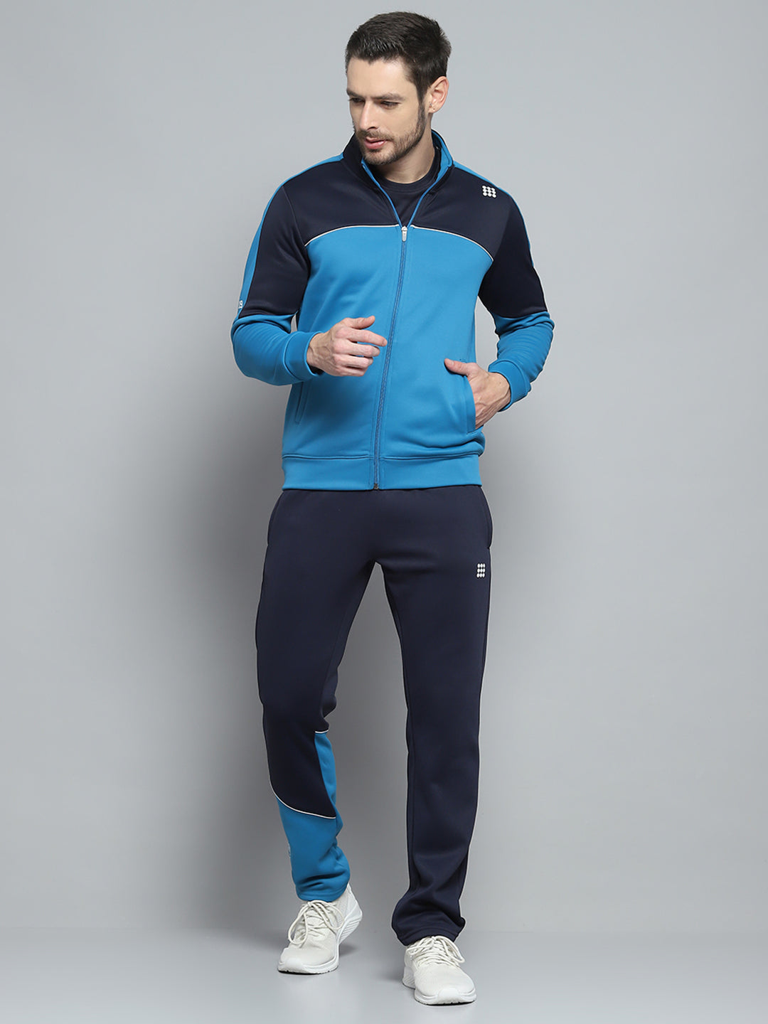 Rock.it Men Navy Blue Printed Mock Neck Full Sleeve Winter Tracksuit