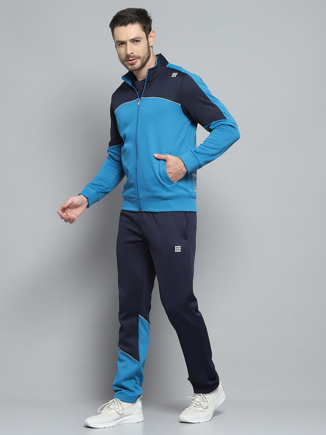 Rock.it Men Navy Blue Printed Mock Neck Full Sleeve Winter Tracksuit