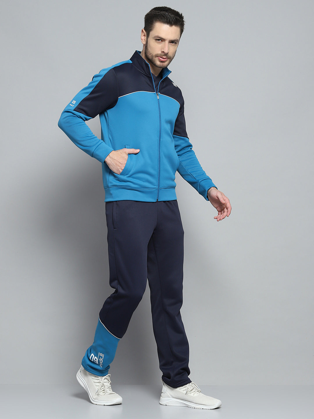 Rock.it Men Navy Blue Printed Mock Neck Full Sleeve Winter Tracksuit