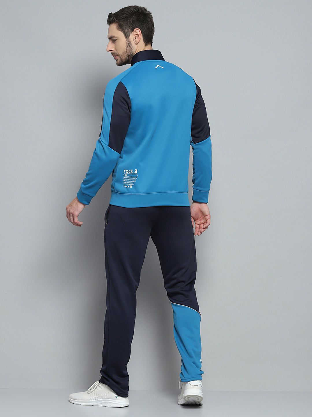 Rock.it Men Navy Blue Printed Mock Neck Full Sleeve Winter Tracksuit