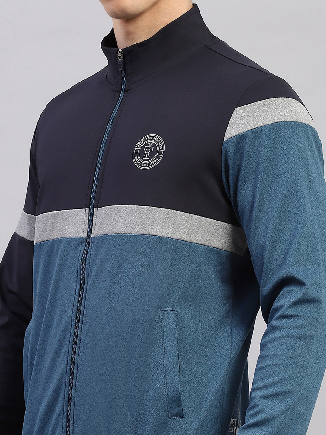 Rock.it Men Teal Blue Printed Round Neck Full Sleeve Winter Tracksuit