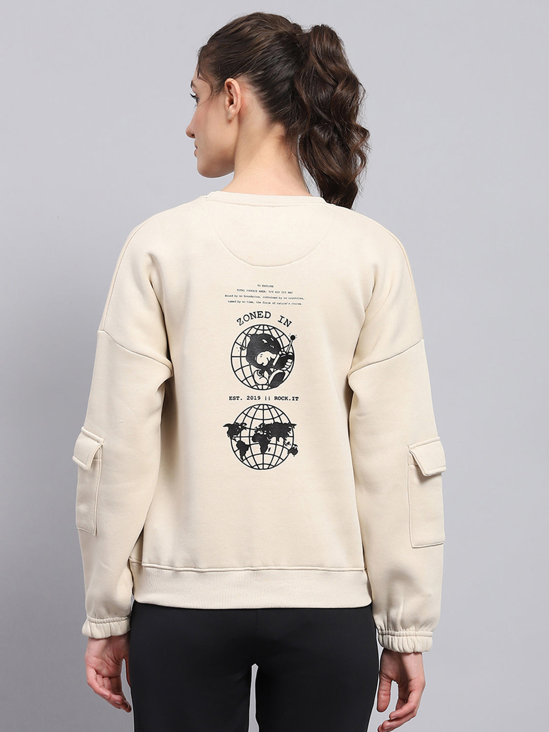 Rock.it Women Beige Printed Round Neck Full Sleeve Sweatshirt