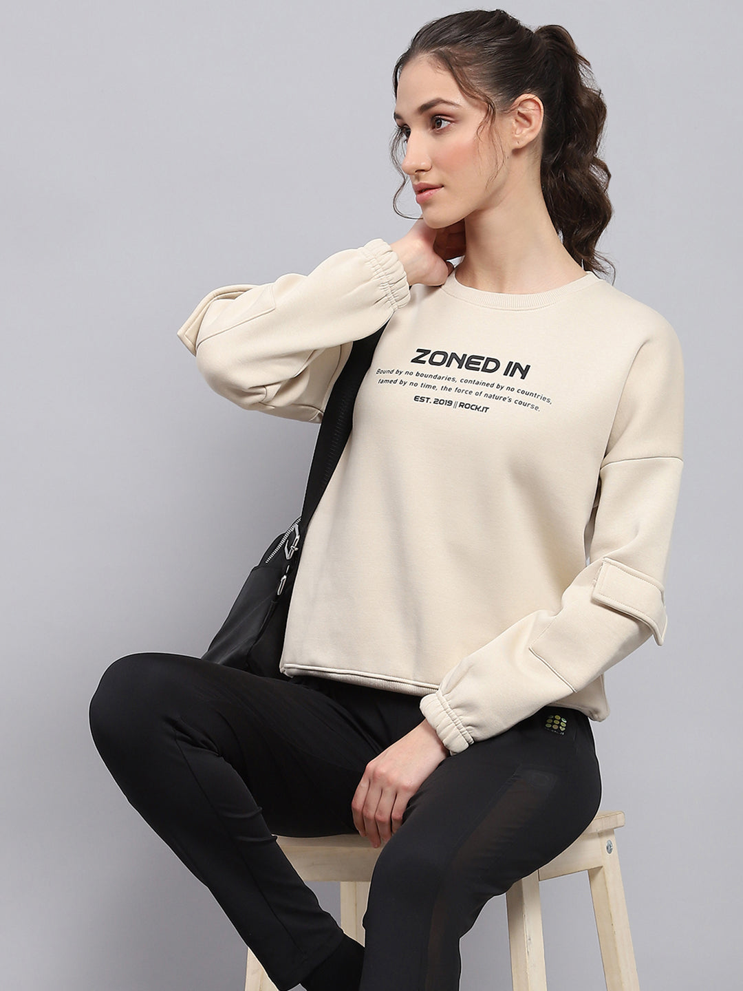 Rock.it Women Beige Printed Round Neck Full Sleeve Sweatshirt