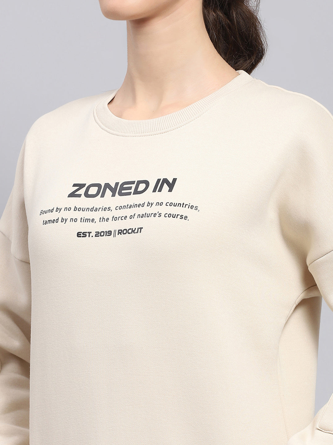 Rock.it Women Beige Printed Round Neck Full Sleeve Sweatshirt