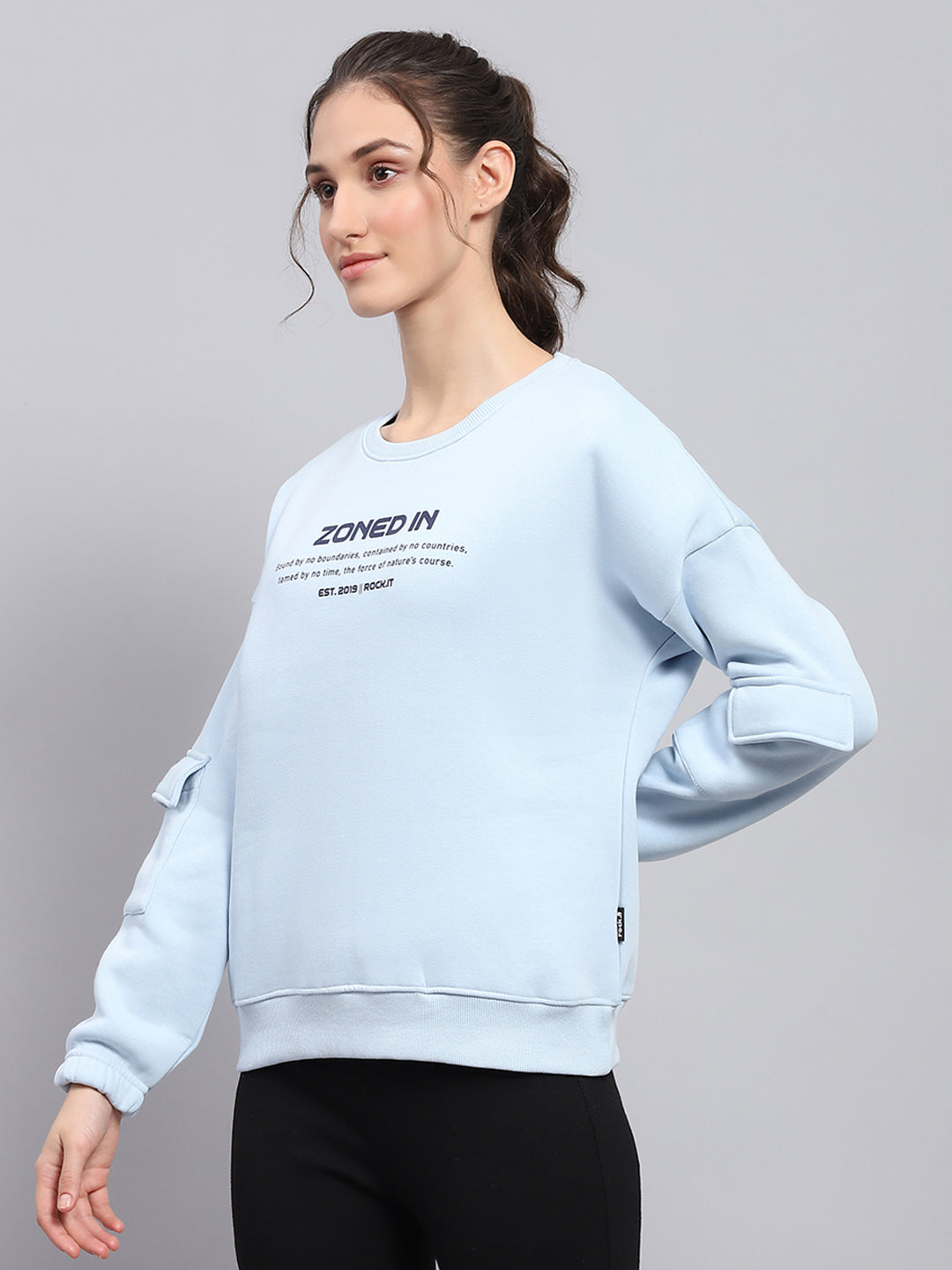 Rock.it Women Sky Blue Printed Round Neck Full Sleeve Sweatshirt