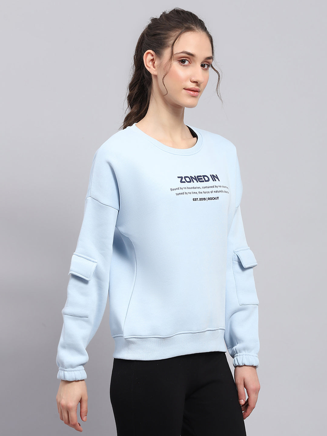 Rock.it Women Sky Blue Printed Round Neck Full Sleeve Sweatshirt