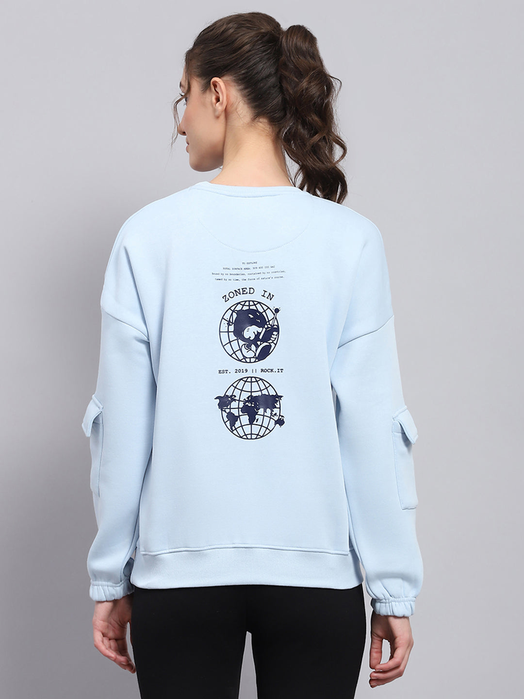 Rock.it Women Sky Blue Printed Round Neck Full Sleeve Sweatshirt