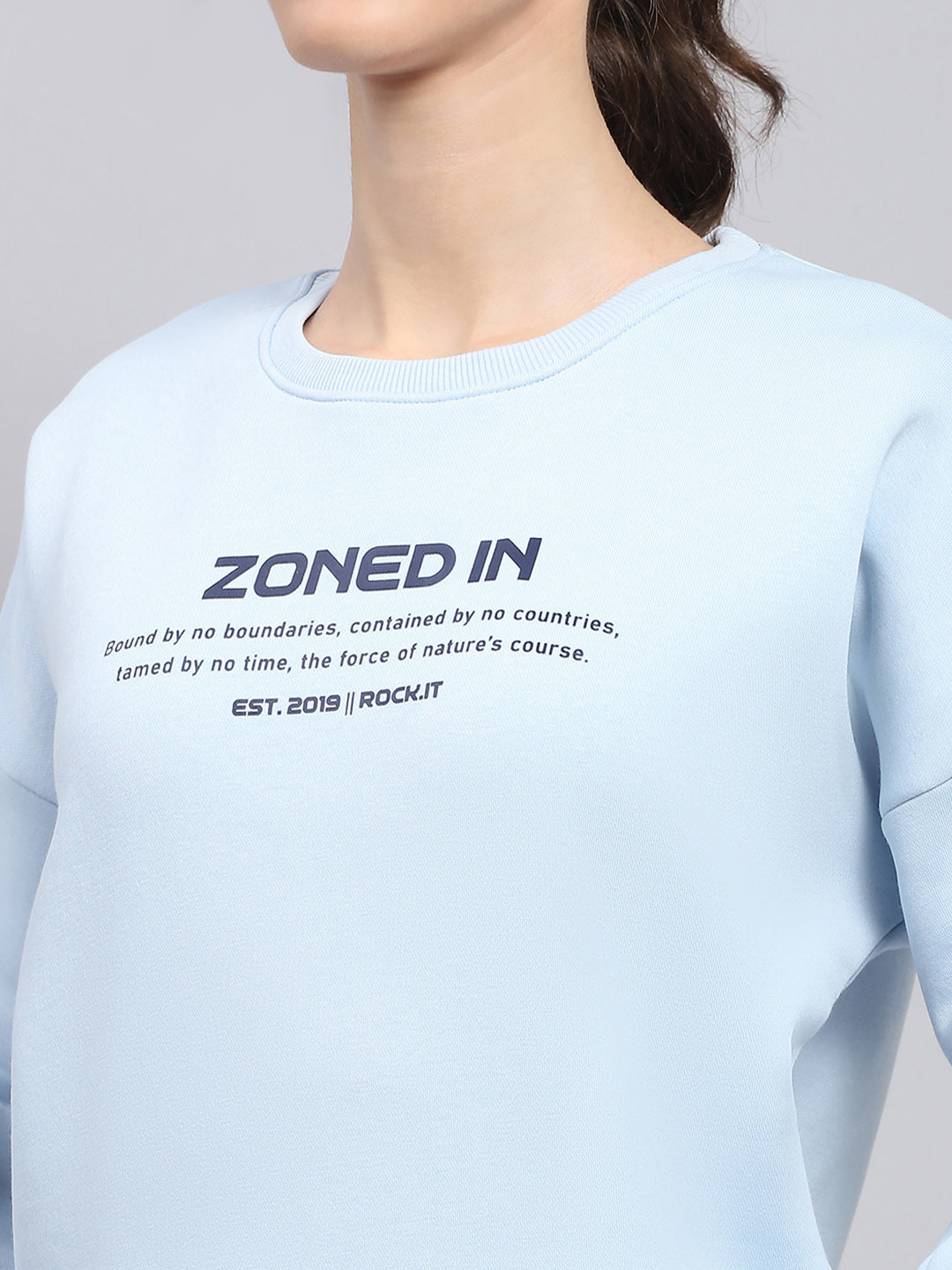 Rock.it Women Sky Blue Printed Round Neck Full Sleeve Sweatshirt
