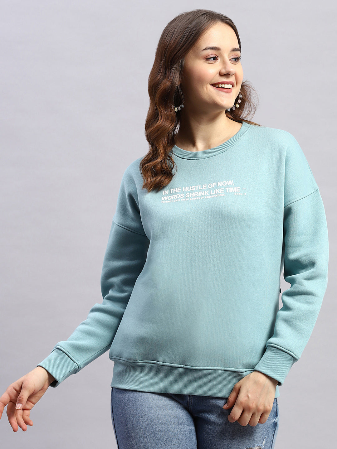 Rock.it Women Blue Printed Round Neck Full Sleeve Sweatshirt