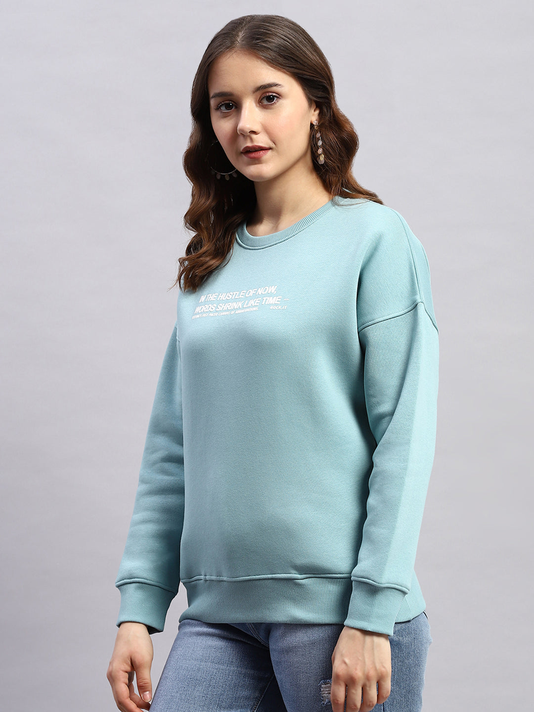 Rock.it Women Blue Printed Round Neck Full Sleeve Sweatshirt
