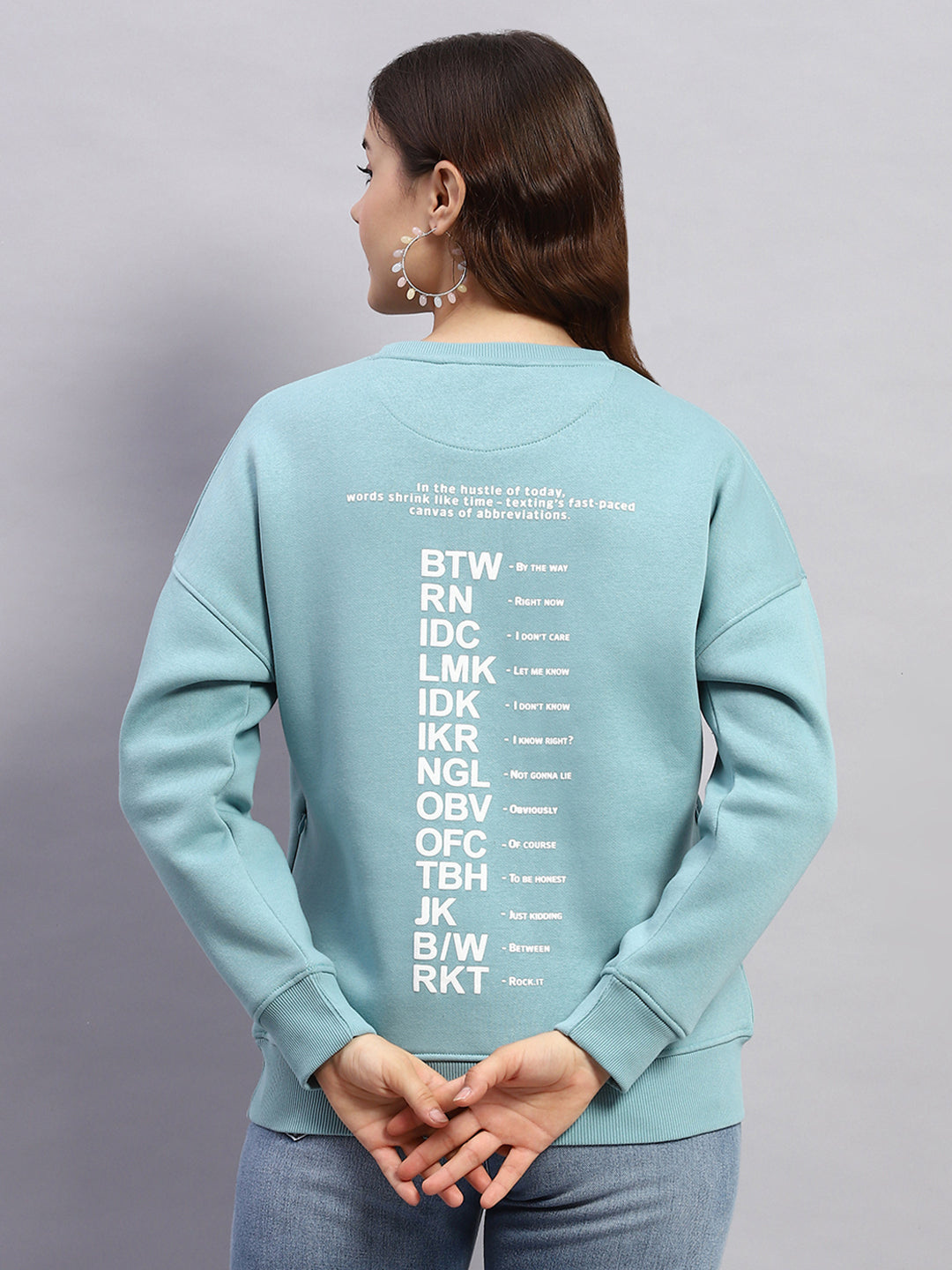 Rock.it Women Blue Printed Round Neck Full Sleeve Sweatshirt