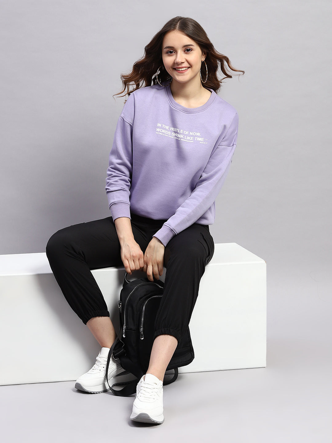 Rock.it Women Purple Printed Round Neck Full Sleeve Sweatshirt