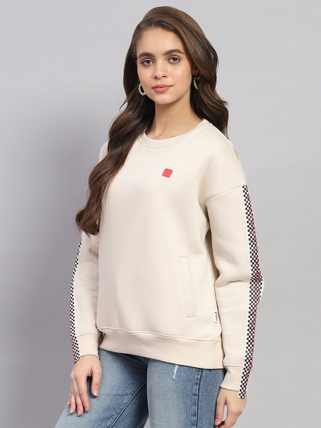 Rock.it Women Beige Printed Round Neck Full Sleeve Sweatshirt