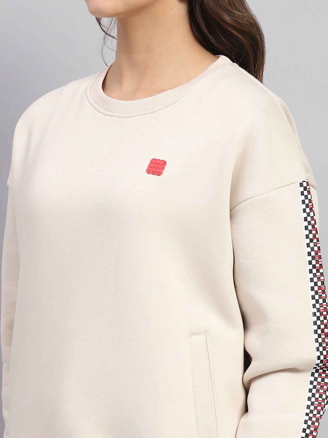 Rock.it Women Beige Printed Round Neck Full Sleeve Sweatshirt