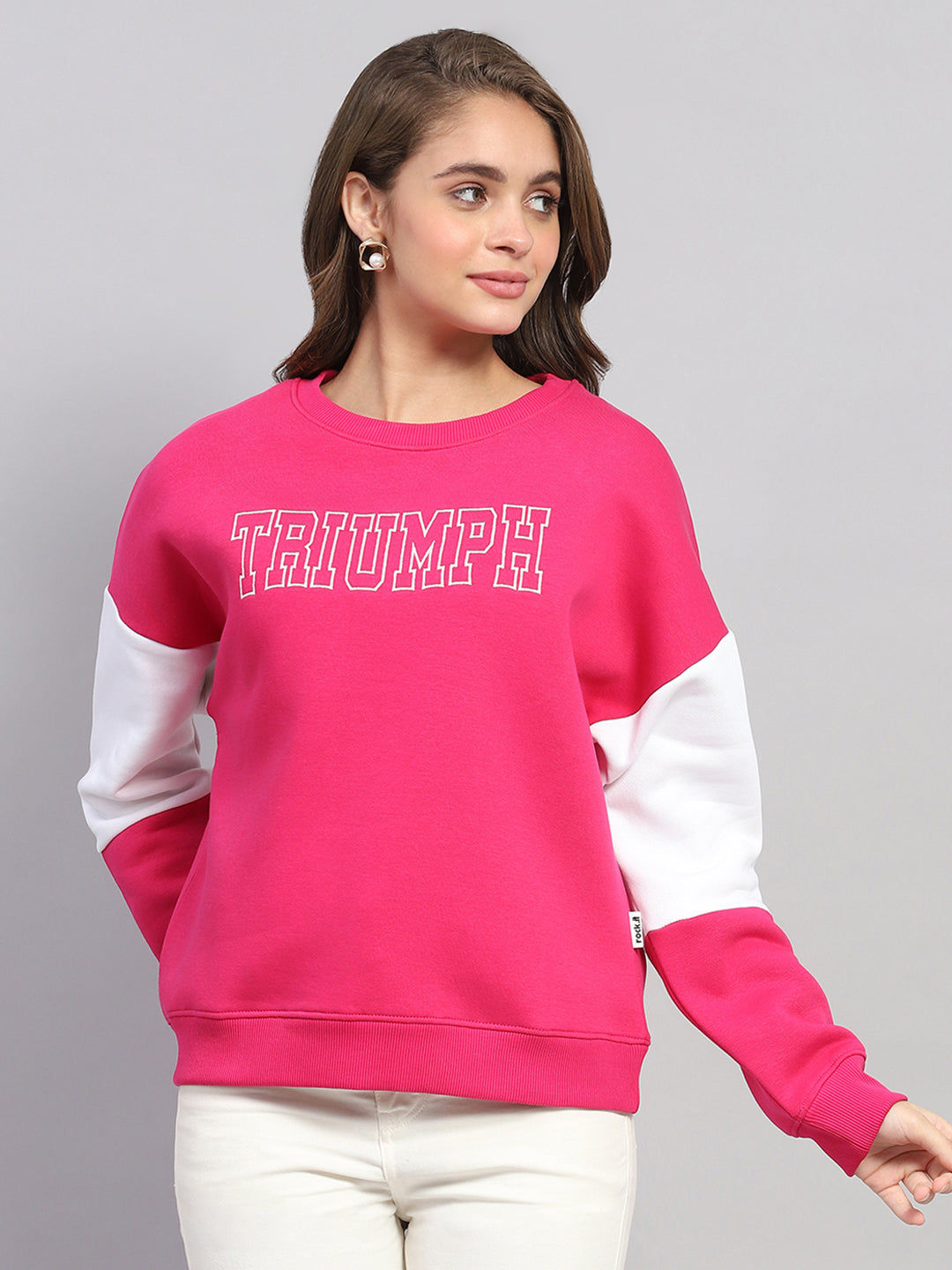 Rock.it Women Pink Printed Round Neck Full Sleeve Sweatshirt