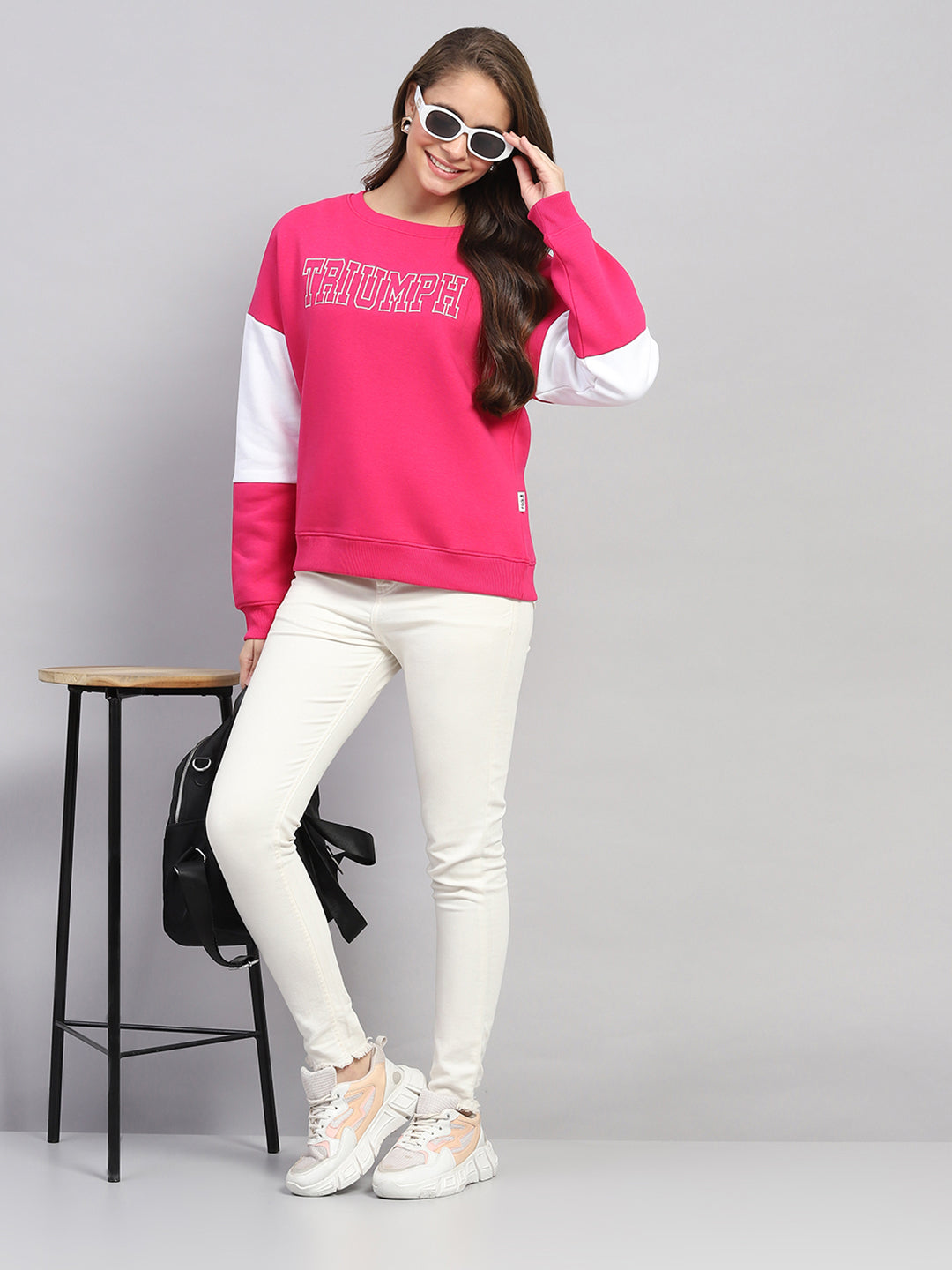 Rock.it Women Pink Printed Round Neck Full Sleeve Sweatshirt