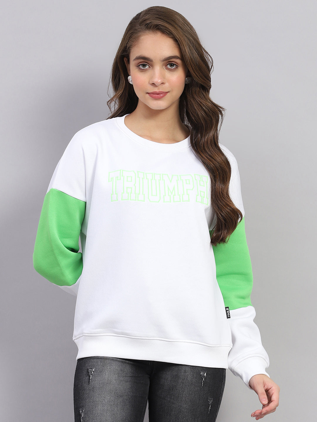 Rock.it Women White Printed Round Neck Full Sleeve Sweatshirt