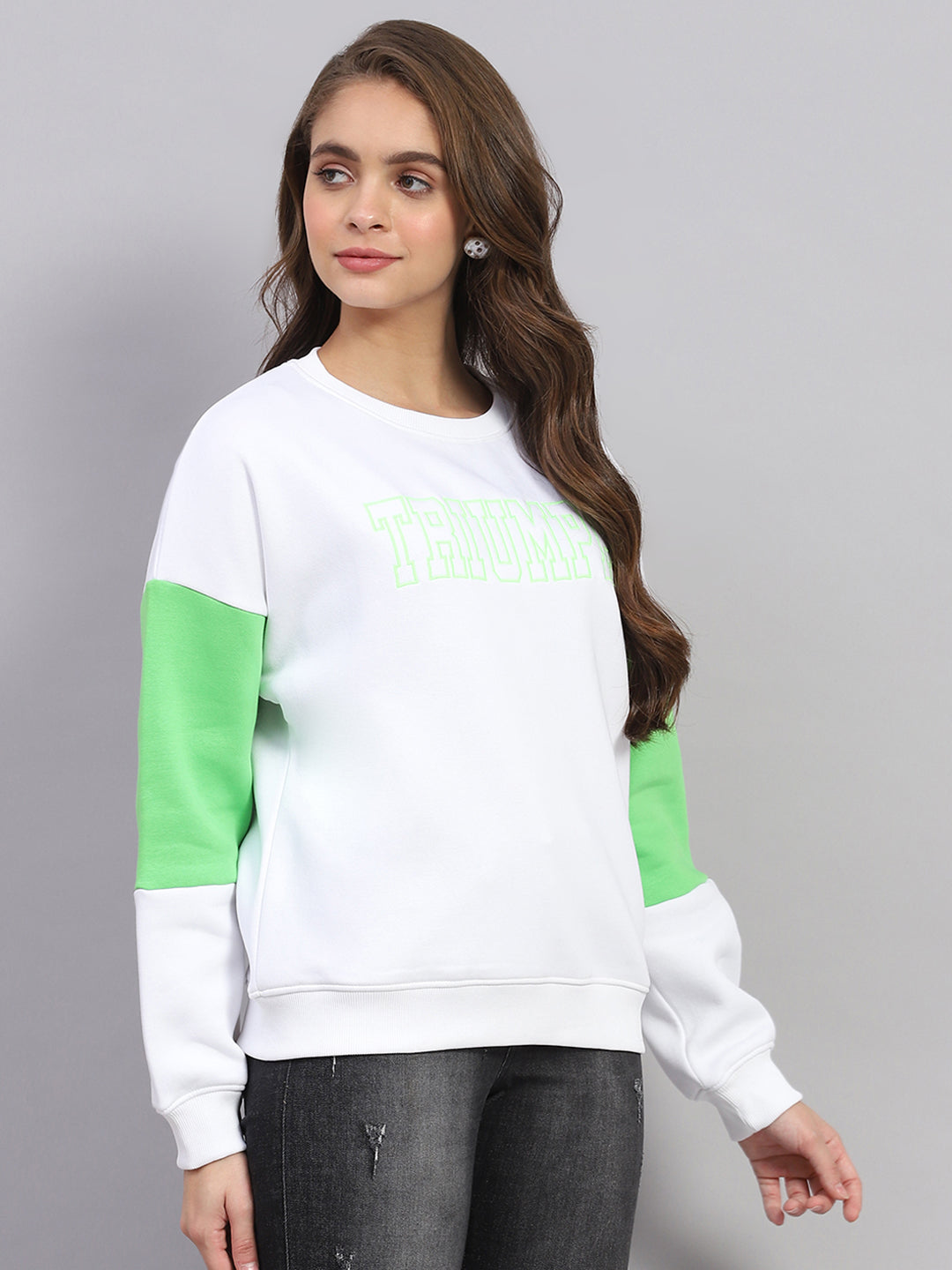 Rock.it Women White Printed Round Neck Full Sleeve Sweatshirt