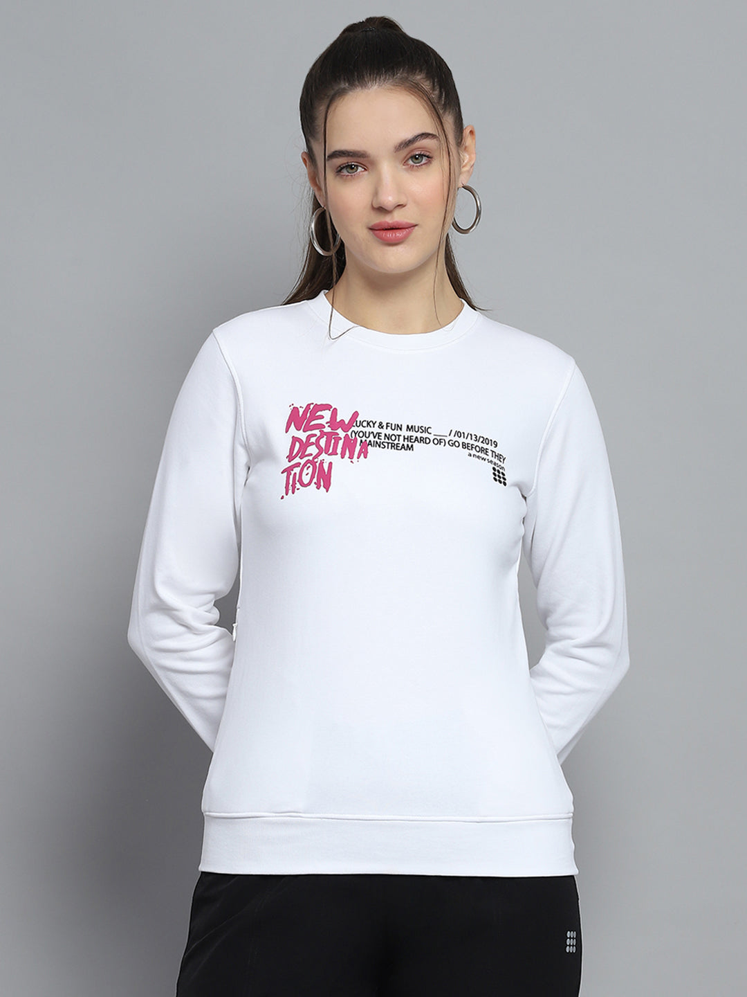 Rock.it Women White Printed Round Neck Full Sleeve Sweatshirt