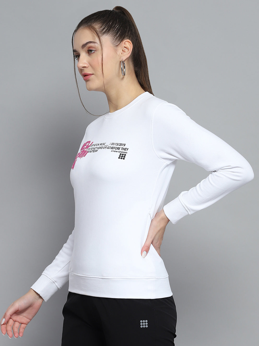 Rock.it Women White Printed Round Neck Full Sleeve Sweatshirt