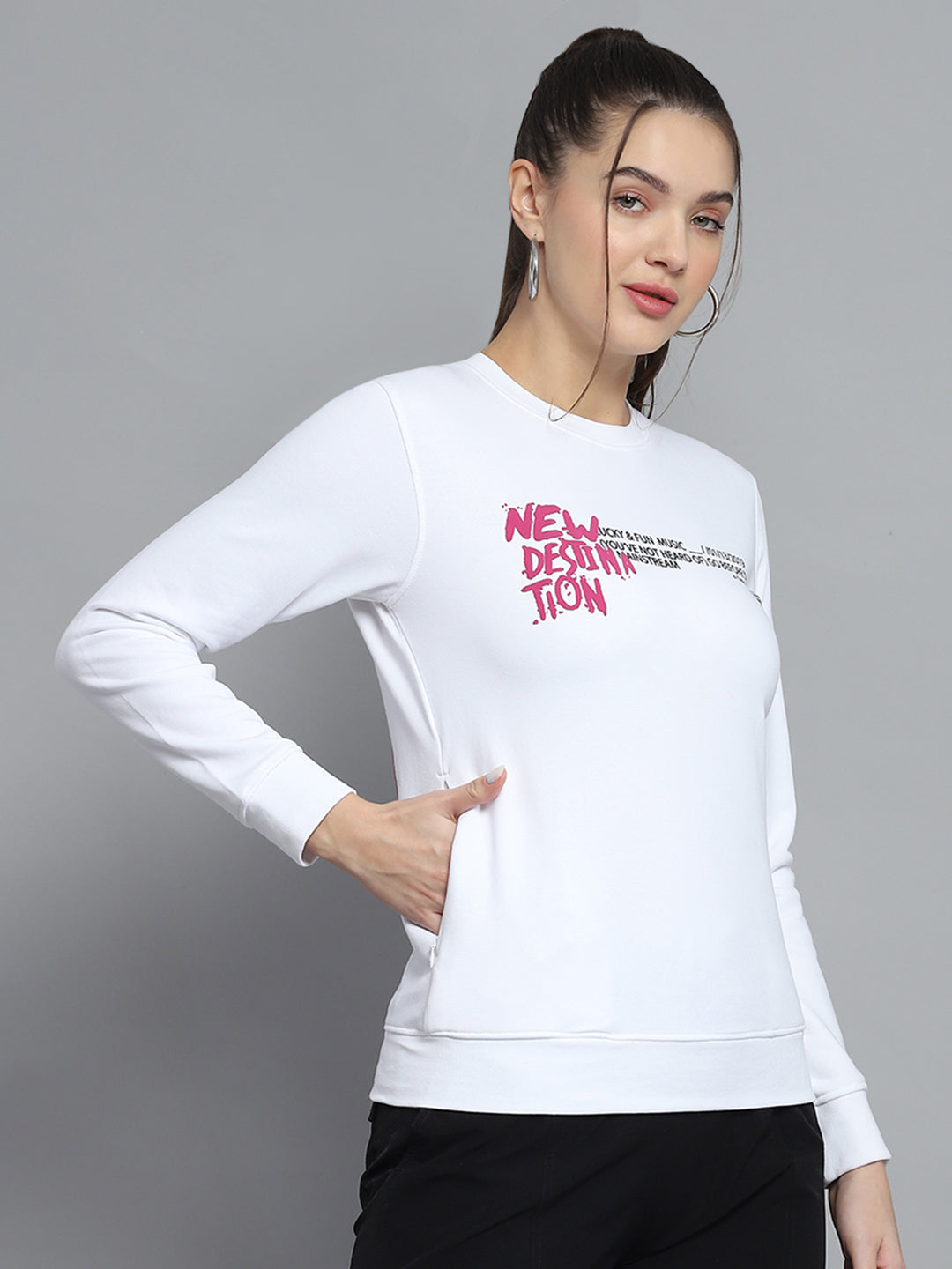 Rock.it Women White Printed Round Neck Full Sleeve Sweatshirt