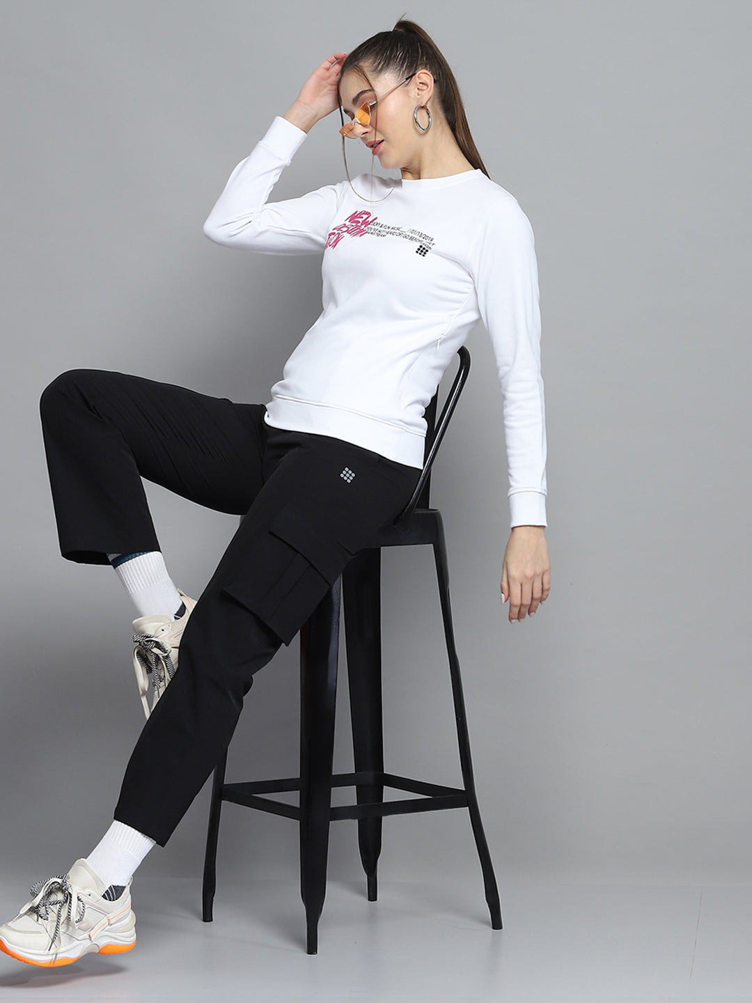 Rock.it Women White Printed Round Neck Full Sleeve Sweatshirt