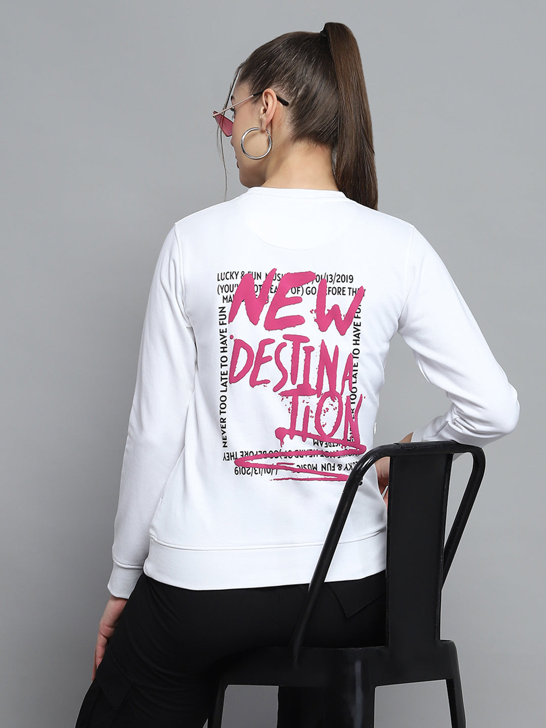 Rock.it Women White Printed Round Neck Full Sleeve Sweatshirt