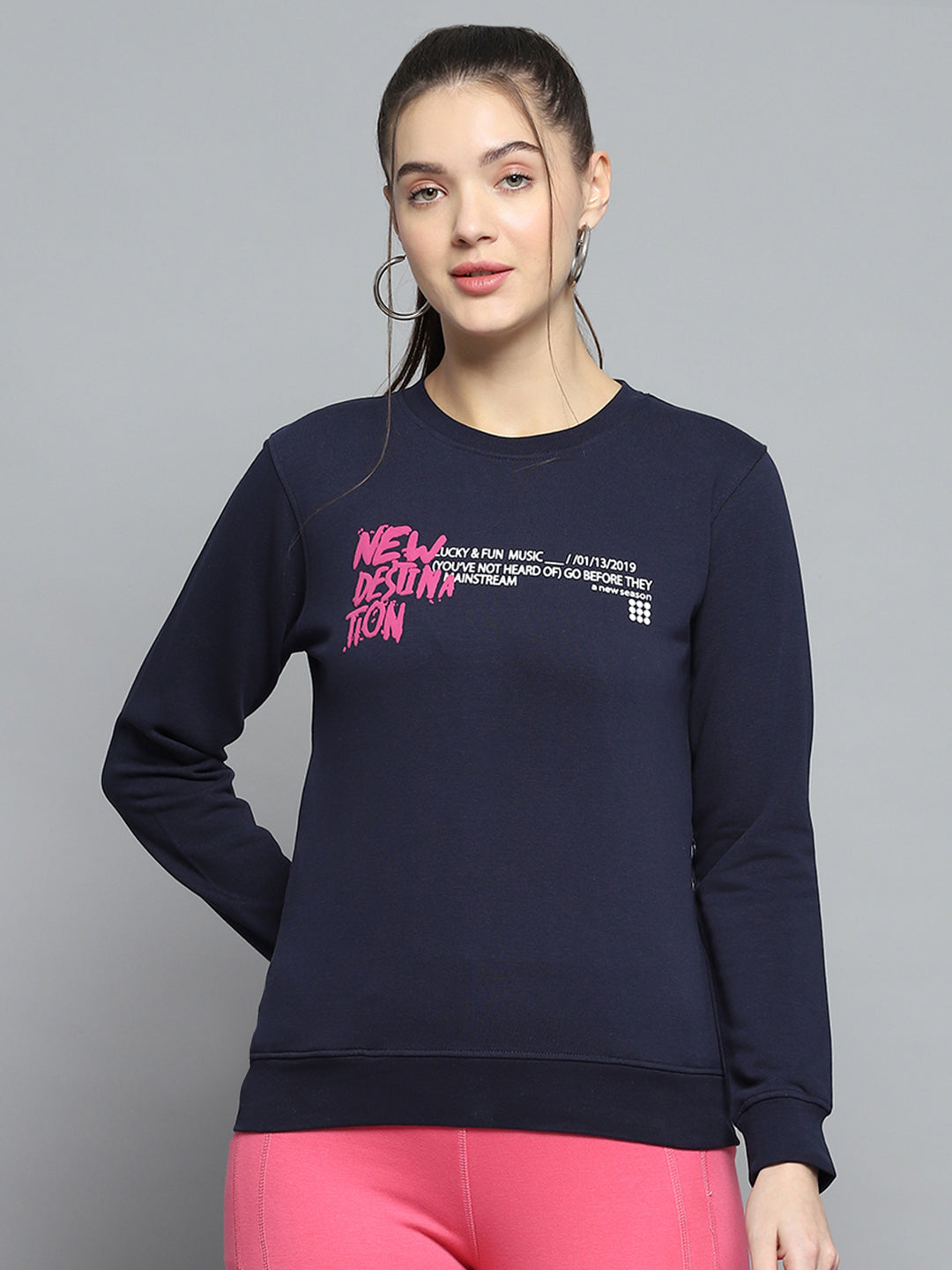 Rock.it Women Navy Blue Printed Round Neck Full Sleeve Sweatshirt