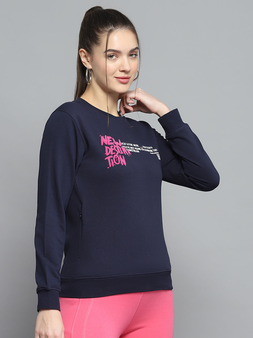 Rock.it Women Navy Blue Printed Round Neck Full Sleeve Sweatshirt