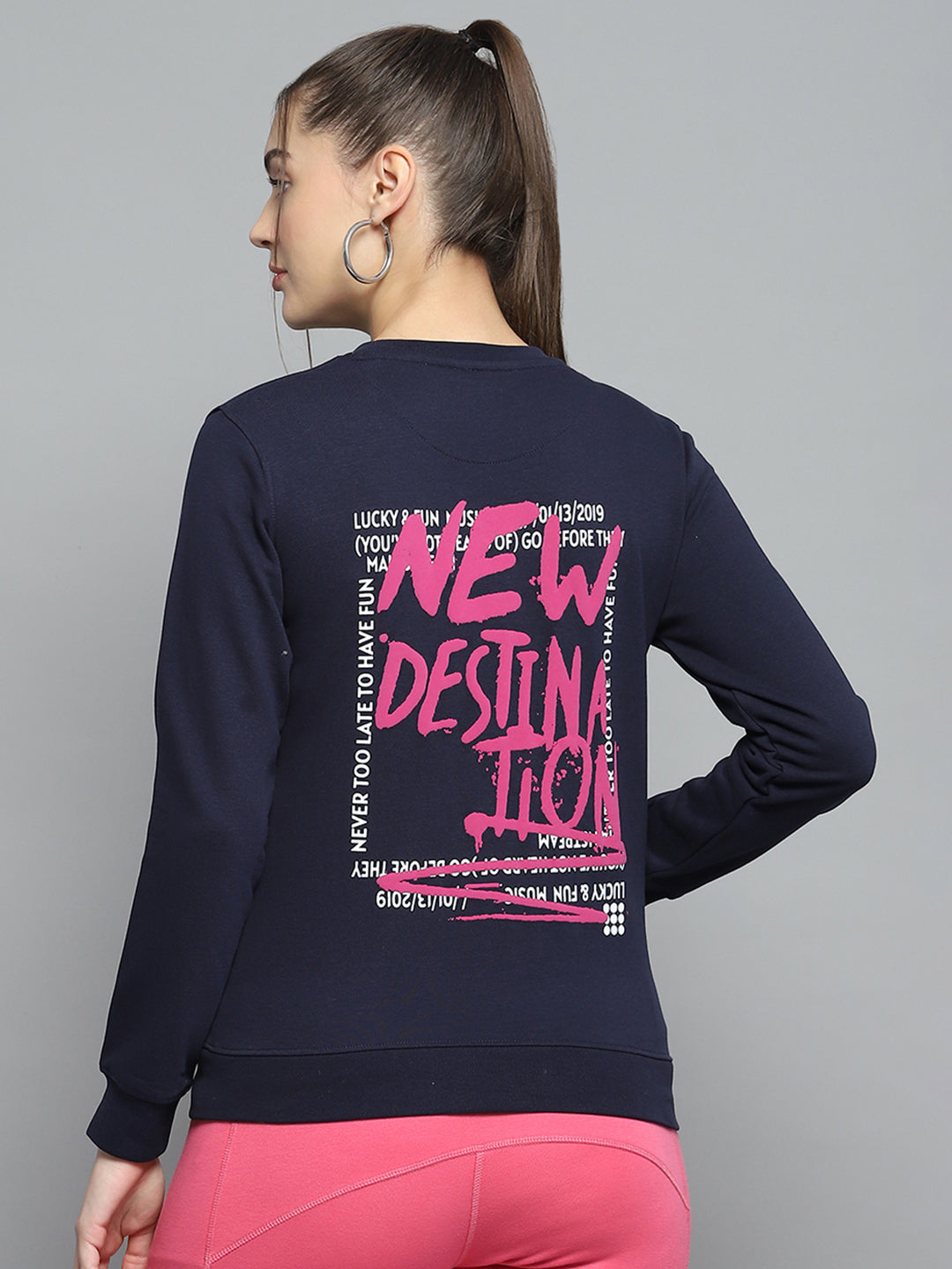 Rock.it Women Navy Blue Printed Round Neck Full Sleeve Sweatshirt