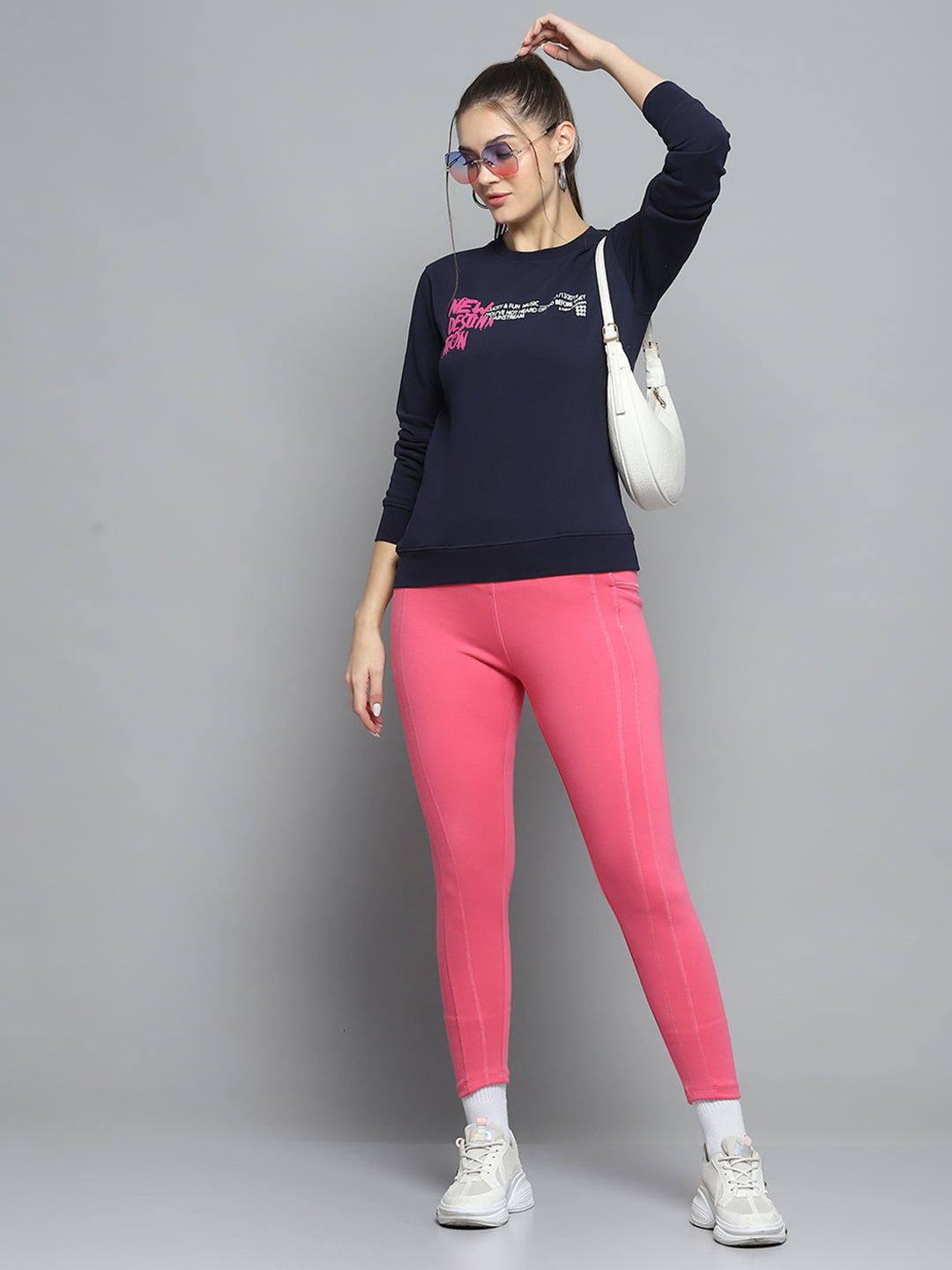 Rock.it Women Navy Blue Printed Round Neck Full Sleeve Sweatshirt