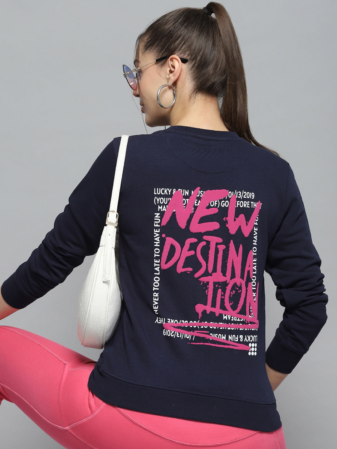 Rock.it Women Navy Blue Printed Round Neck Full Sleeve Sweatshirt