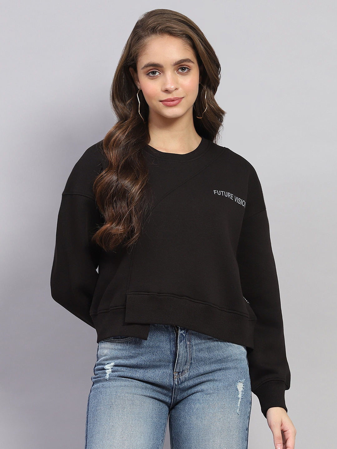 Rock.it Women Black Printed Round Neck Full Sleeve Sweatshirt