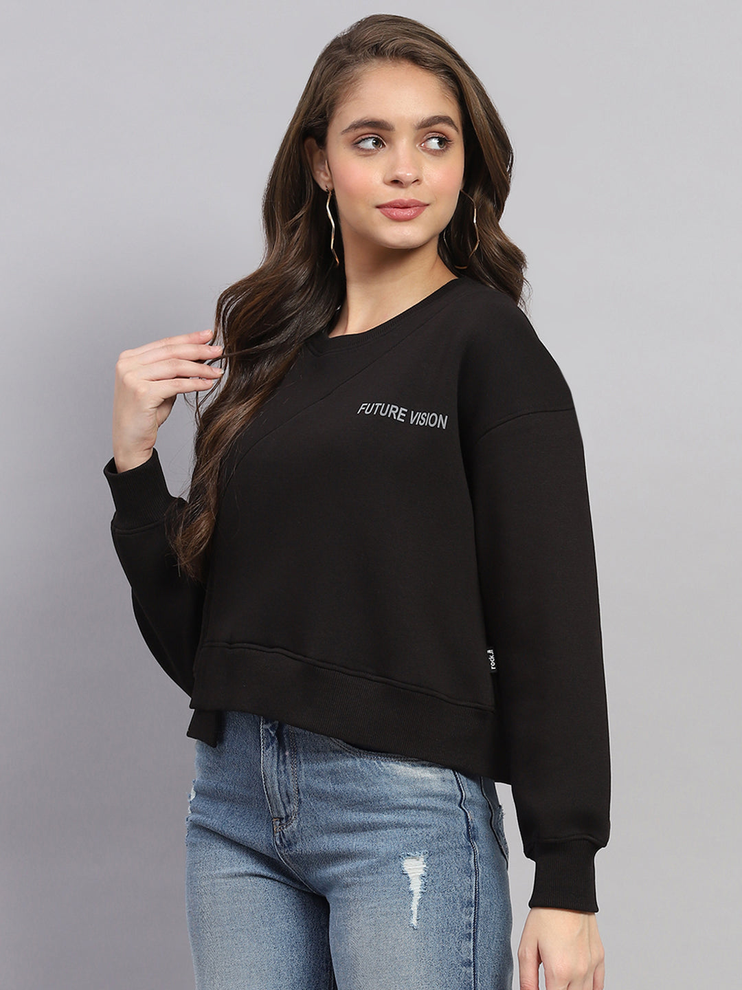 Rock.it Women Black Printed Round Neck Full Sleeve Sweatshirt