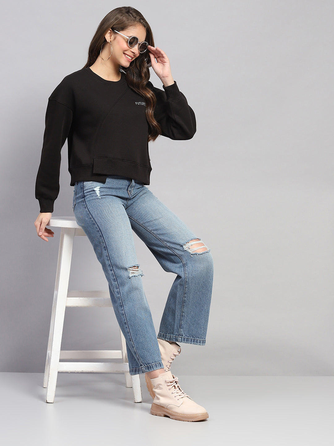 Rock.it Women Black Printed Round Neck Full Sleeve Sweatshirt