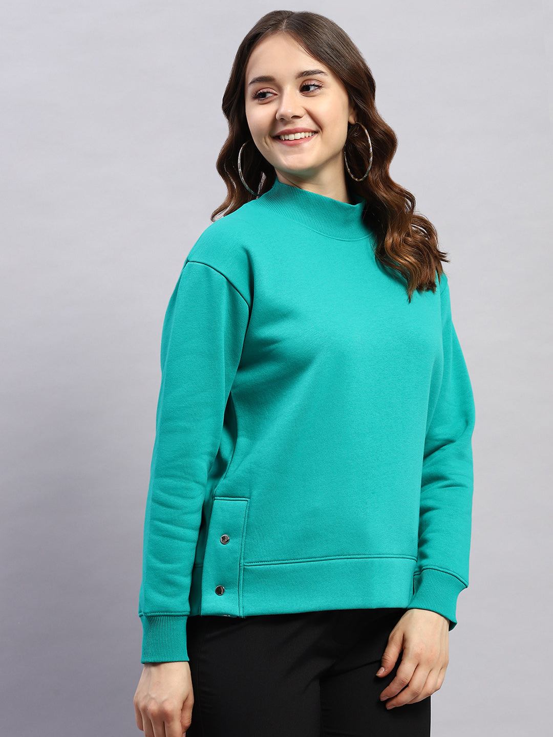 Rock.it Women Green Solid High Neck Full Sleeve Sweatshirt