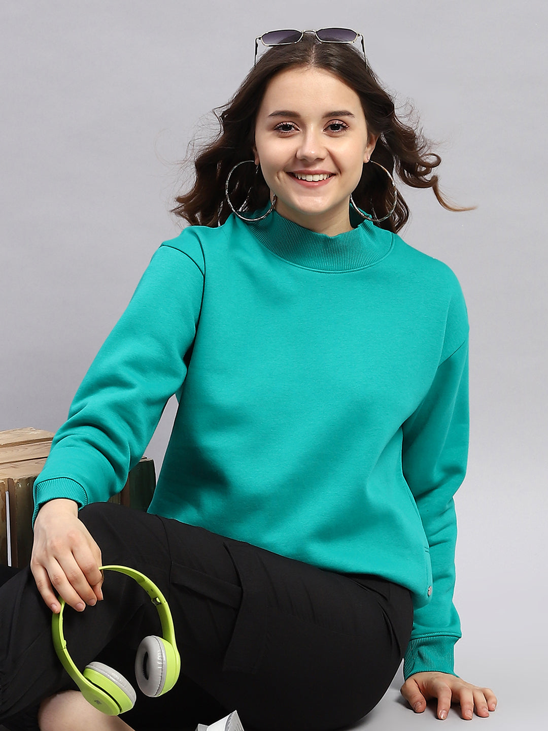 Rock.it Women Green Solid High Neck Full Sleeve Sweatshirt