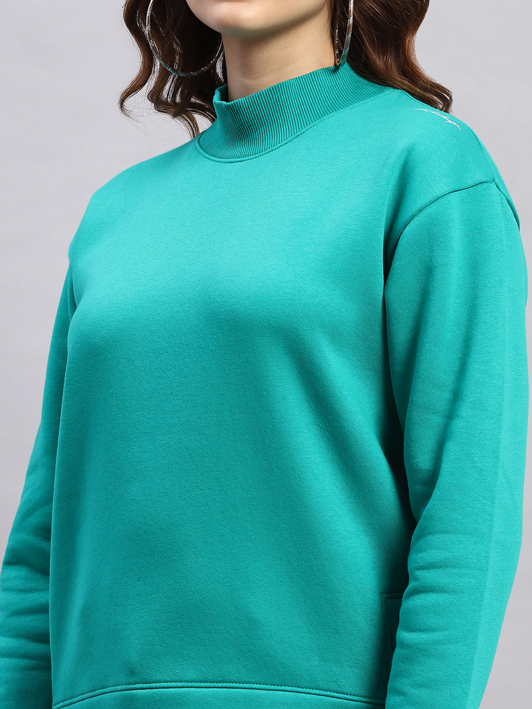 Rock.it Women Green Solid High Neck Full Sleeve Sweatshirt