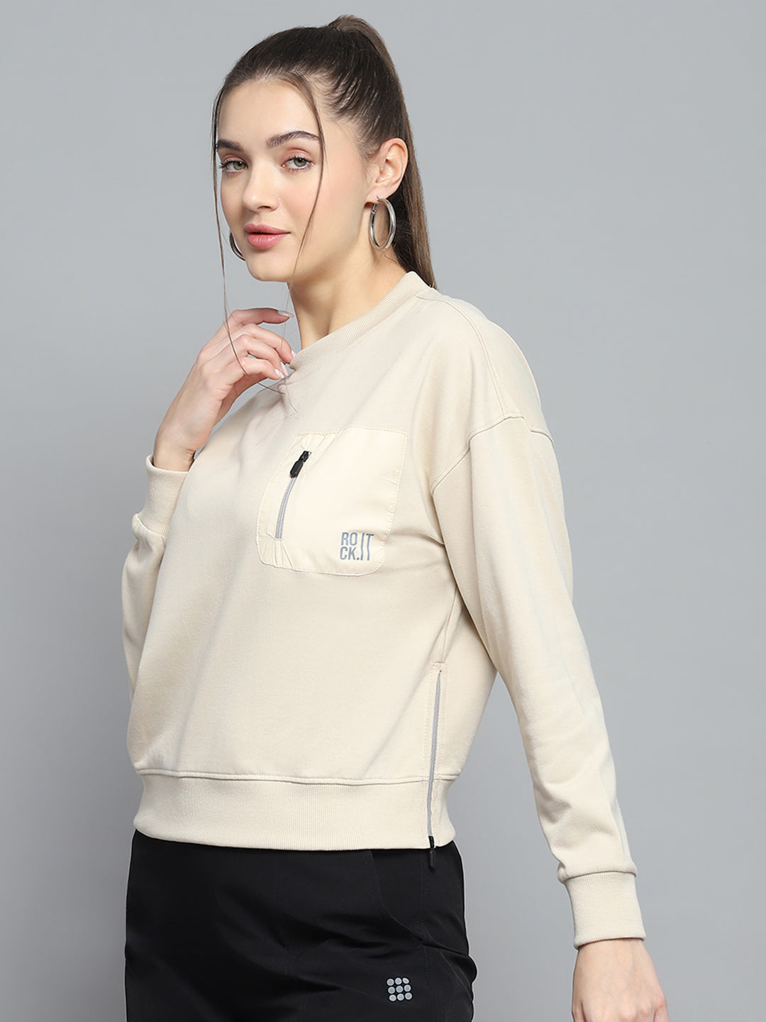 Rock.it Women Beige Printed Round Neck Full Sleeve Sweatshirt