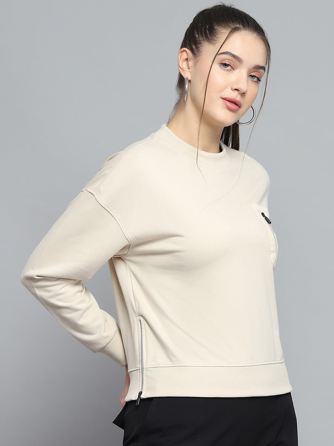 Rock.it Women Beige Printed Round Neck Full Sleeve Sweatshirt