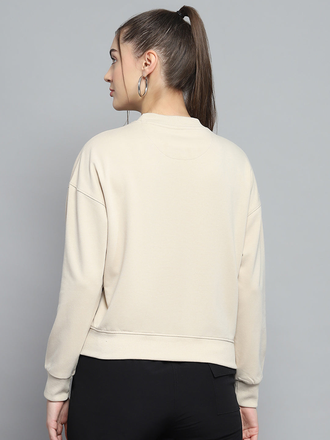 Rock.it Women Beige Printed Round Neck Full Sleeve Sweatshirt