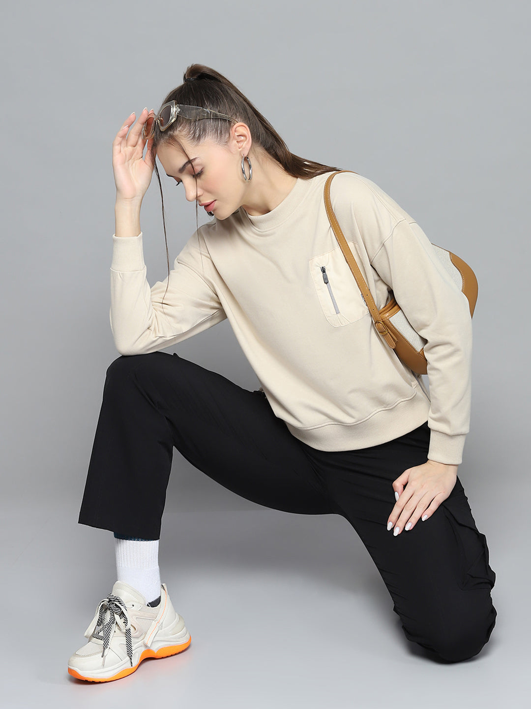 Rock.it Women Beige Printed Round Neck Full Sleeve Sweatshirt