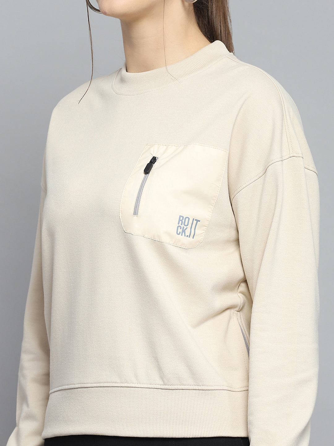 Rock.it Women Beige Printed Round Neck Full Sleeve Sweatshirt