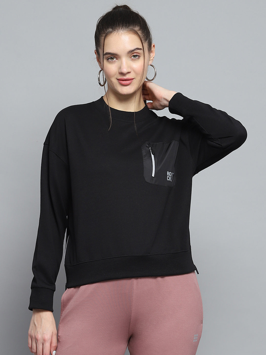 Rock.it Women Black Printed Round Neck Full Sleeve Sweatshirt