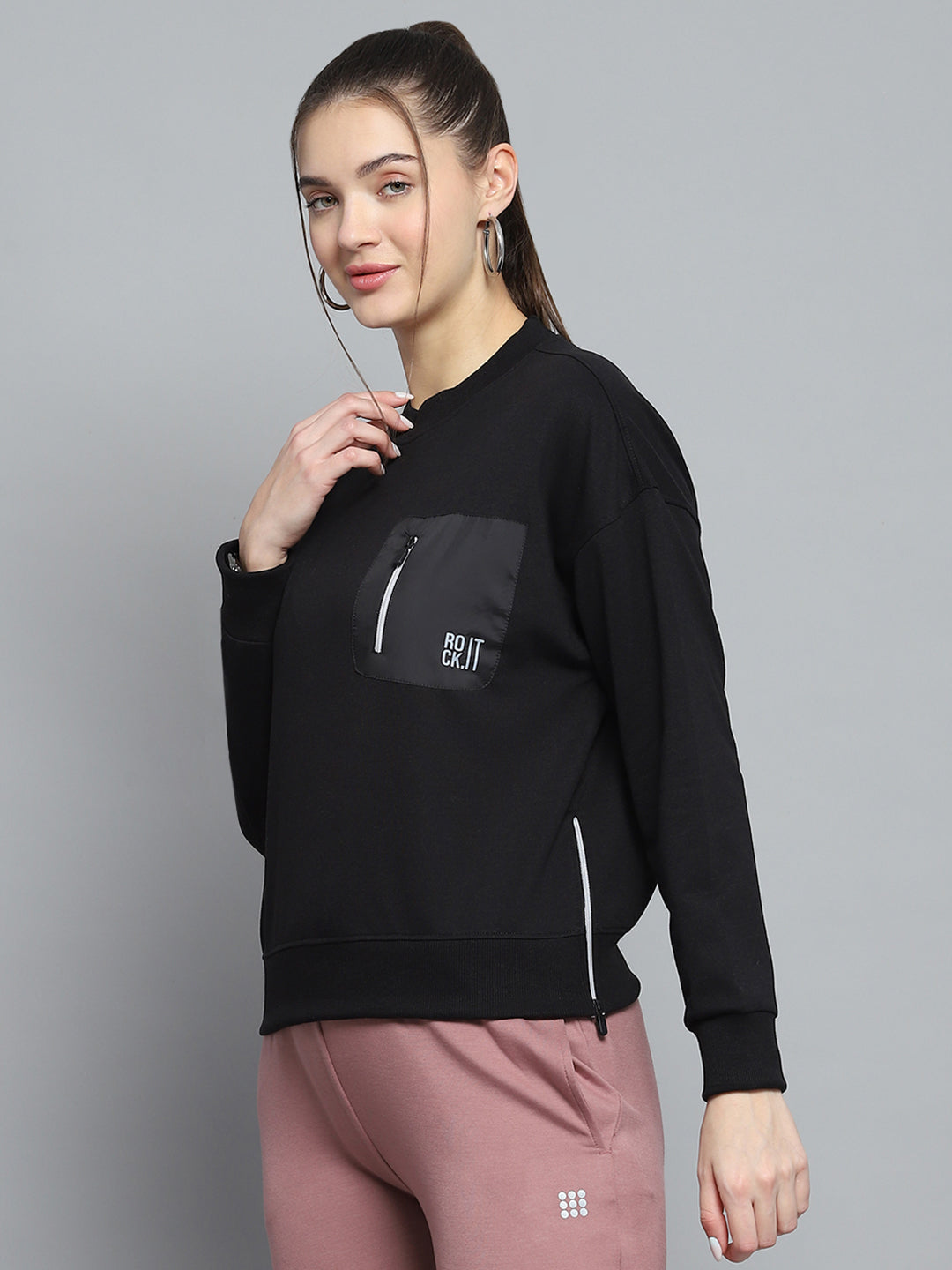 Rock.it Women Black Printed Round Neck Full Sleeve Sweatshirt