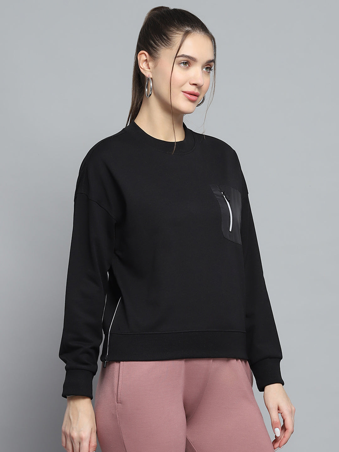Rock.it Women Black Printed Round Neck Full Sleeve Sweatshirt