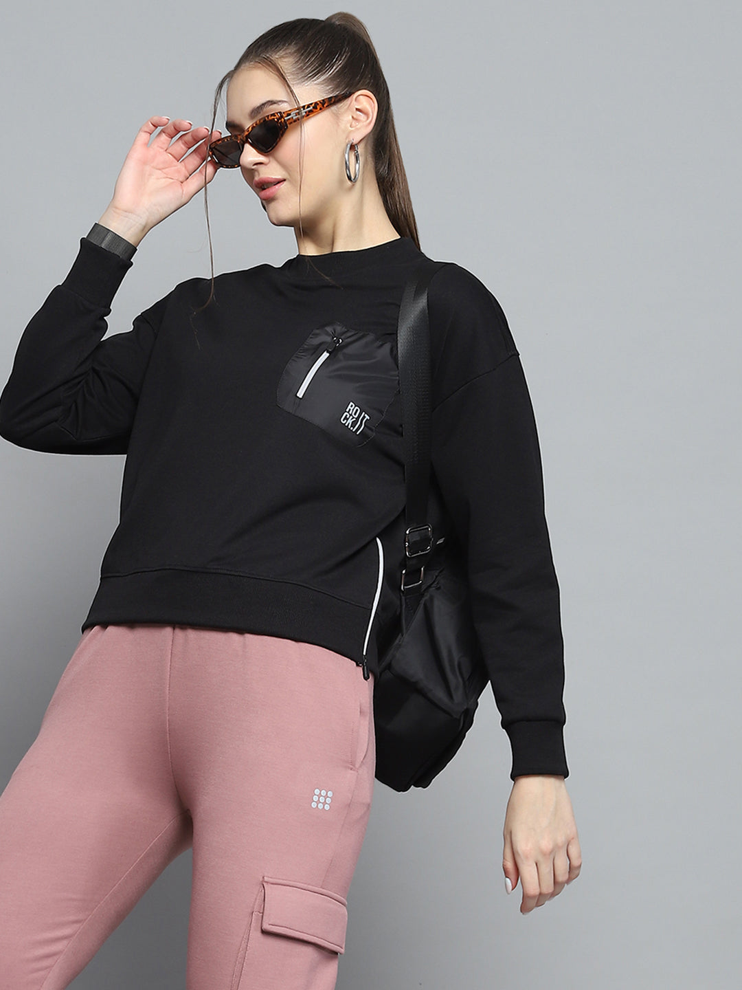 Rock.it Women Black Printed Round Neck Full Sleeve Sweatshirt